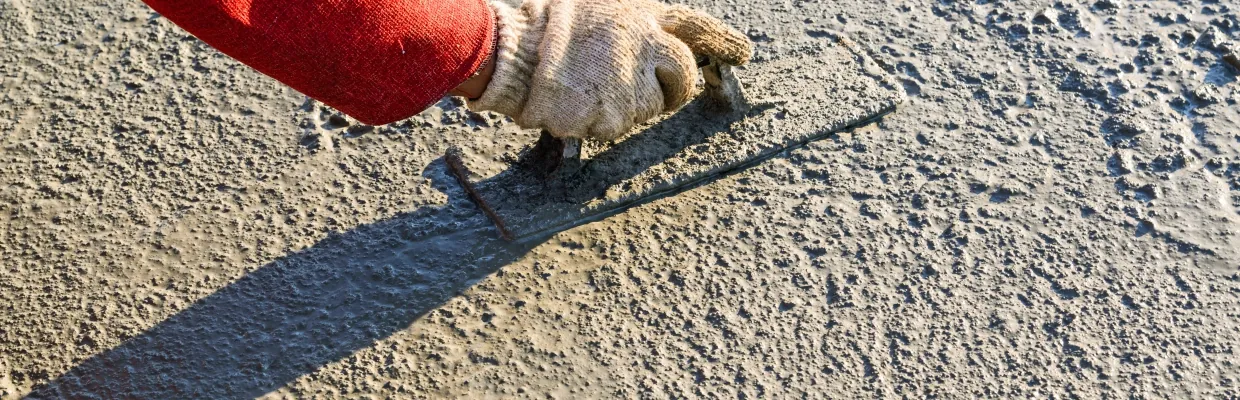 Gloved hand troweling the surface of fresh concrete